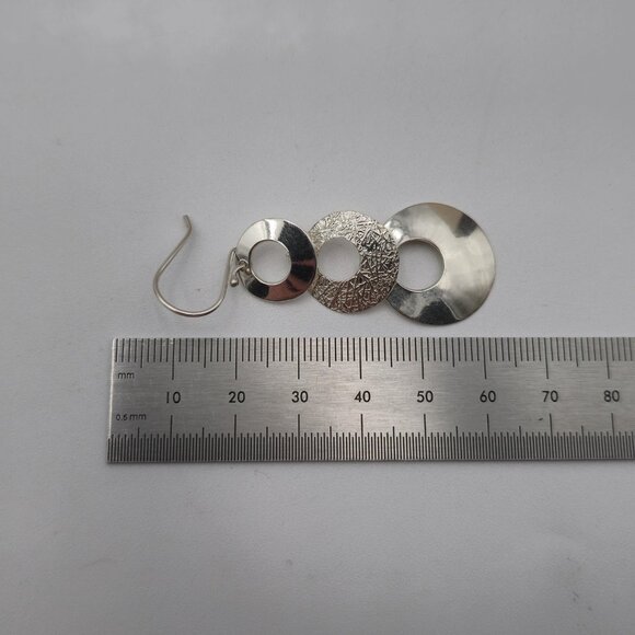 950 Silver Bright Tiered Circles Dangle Earrings A3493 - Picture 4 of 5